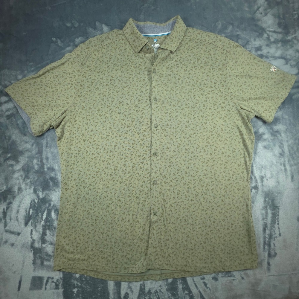Kuhl Mens XL Short Sleeve Button Down Shirt Olive Green Floral Cotton Modal